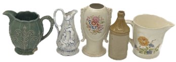 5 Pcs Vintage Ceramics & Stoneware, 2-Pitchers, Ewer, Vase & Beer Bottle