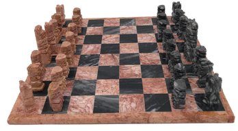 Complete Set Vintage Mexican Aztec Pink And Black Onyx Chess Set, Board 13-7/8' Sq.
