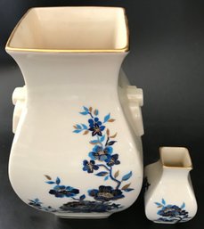 2 Pcs Vintage Ivory, Blue & 24K Gold Lenox Pagoda Pattern Large And Small Square Vase, 4.75' Sq X 8.25'
