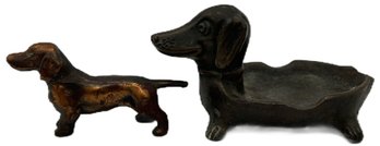 2 Pcs Vintage Dachshund Items, Copper Paper Weight And Bronze Ashtray