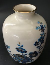 Vintage Ivory, Blue & 24K Gold Lenox Pagoda Pattern Ovoid Vase, 4.75' Diam. X 6.25'H