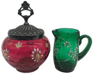 2 Pcs Antique Enameled Glasswares, Green Floral Design Creamer, Cranberry Floral Siverl Plate Lidded Jar