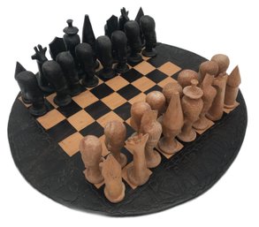Vintage Carved Round Wooden  African Themed Chess Set, Complete, Board 12.5' Diam.