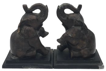 Vintage Pair Bronze Standing Elephant Book Ends, On Painted White Metal Plinths, Each 6' X 4.5' X 7'H
