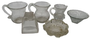 6 Pcs Clear Vintage Glasswares, 3-Crackle Glass 2 Creamers & Master Salt, Another Creamer & Salt & Perfume Btl