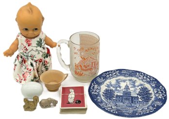 8 Pcs Totally Random Items, Independence Hall Plate, Cupie Doll, 2-Animal Miniatures & Others