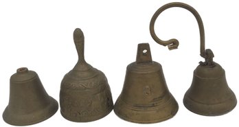 4 Pcs Vintage Brass Bells, 1 - No. 8, 1-Hanging Door Bell , 1-finger Bell & Another Clacker Loose