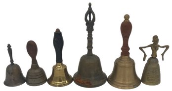 6 Pcs Vintage Handbells , 5-brass , 1-silver Plate , Tallest 7.5'H