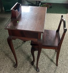 2 Pcs Vintage Mahogany Diminutive Single Drawer Writing Desk With Brass Rail & Letter Box & Chair