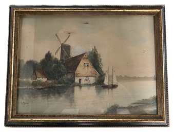 Framed Watercolor Of Wind Mill & Sail Boat, Signed, 20' X 15.5'H