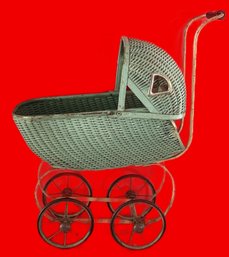 Vintage Child's Green Wicker Baby Doll Carriage, 20.5' X 9' X 25.'