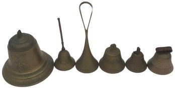 6 Pcs Vintage Brass Bells, Largest 5-5/8' Diam. X 5'H