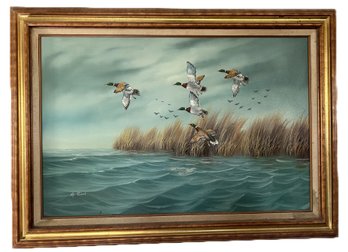 Large Framed Oil On Canvas Of Duck In Flight Over Water, Signed G. Roberts, 43' X 31'H