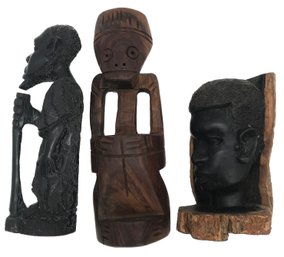 3 Pcs Vintage Heavy Hand Carved Wooden African Statues, Tallest 12.5'H