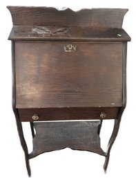 Antique Diminutive Ladies Oak Slant Front Writing Desk With Shaped Legs & Stretched Shelf, 25.5' X 13.5' X 45'