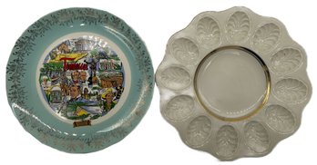 2 Pcs Vintage Plates, Lenox 24K Gold Rim Deviled Egg Plate10-7/8' Diam. & Tennessee Souvenir Plate