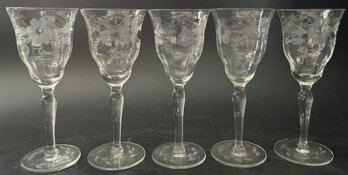 5 Pcs Vintage Etched Crystal Sherry Glasses, 6'H