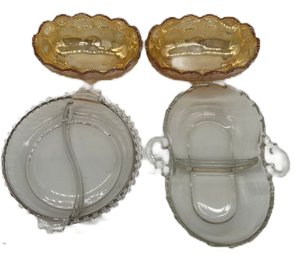 4 Pcs Vintage Glass Bowls, 2-Divided And 2-Marigold Carnival Glass, Oval Divided, 7.5' X 6' X 1.5'H