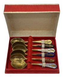 6 Pcs Vintage Enameled Brass Demitasse Spoons In Fitted Case, 4.75' X 3.75' X 1.25'H, Thailand