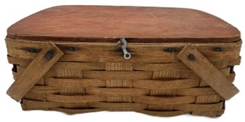 Vintage Split Woven Wood Picnic Basket With 2 Swing Handles And Wooden Lid, 14' X 12.5' X 8' To Handles