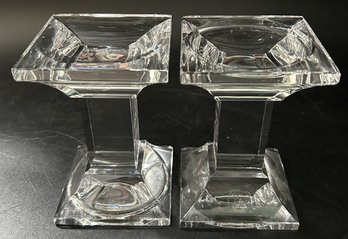 Vintage Heavy Pair Royal Limited 24 Czech Lead Crystal Column Candle Holders, 4' Sq. X 6'H