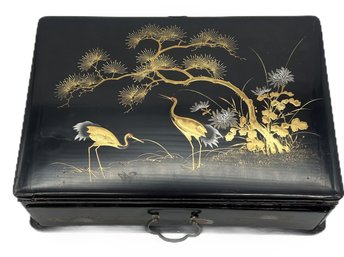 Vintage Black Lacquered Table Top Chinoiserie Slant Top Writing Box With Single Drawer, 11' X 7.5' X 3.25'