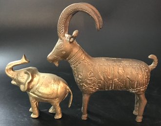 2 Pcs Vintage Cast Brass, 1-solid Elephant, 1-Hebrew Or Assyrian Style Ram, 7' X 7.25'H