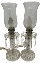 Vintage Pair Etched Crystal Boudoir Lamps With Hanging Crystals, 15'H