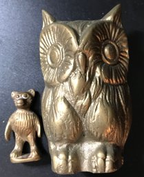 2 Pcs Vintage Cast Brass, 1-4'H Solid Owl And 1-small Teddy Bear