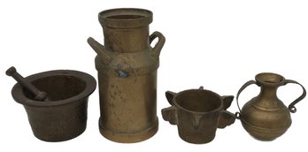 4 Pcs Vintage Cast Brass Vessels, 1-Motar & Pestle, Milk Can 4.25'H & 2 Others