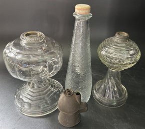 4 Pcs - 2-Antique Fluid Font Lanterns, Tin Whale Oil Topper & Embossed Washington Bottle 11'H