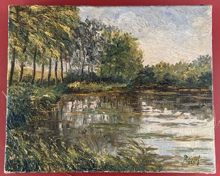 Quality Vintage Oil On Canvas Of Tree Lined Pond, Signed DANIEL (?) 1928, 10-5/8' X 8-3/7'H