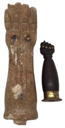 2 Pcs Vintage Carved Black Power Raised Fists, 1-Stone & 1-Wood-n-brass Bottle Opener