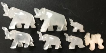 7 Pcs Miniature Hand Carved Quartz 5-elephants And 1-donkey, Largest Elephant 2.25' X 1.5'H (Broken Trunk)