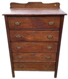 Antique Oak 5 Drawer Chest Of Drawers With Paneled Sides & Back On Square Feet, 34' X 17.5' X 52'H