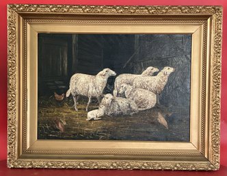 Fabulous Antique 19thC OOC Of Sheep, Lamb & Chickens In Barn, Nicely Framed, 26' X 20'H 3'D