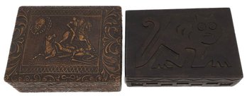 2 Pcs Vintage Carved Lid Boxes, 1- Cigarette Case 6' X 4' X 2'H & 1-Playing Card 2-Decks Box
