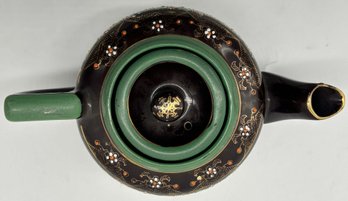 Nice Vintage Japanese Moriage Tea Pot In Dark Brown With Green, Coral & Gold Decoration