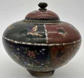Spectacular 19thC Japanese Cloisonn On Brass Tri-Footed & Lidded Pot, 4.75' Diam. X 4.75'H