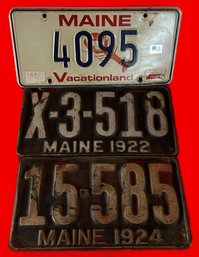 3 Pcs Maine Car License Plates, 1922, 1924 & Newer