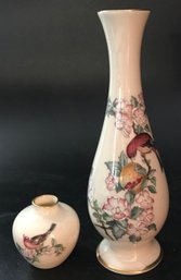 2 Pcs Vintage Ivory, Blue & 24K Gold Lenox Serenade Pattern Tall And Short Bud Vases, Tallest 8.75'H