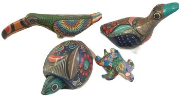 4 Pcs Vintage Red Pottery Colorful Animals, Toucan, Bird, Bobble-head Turtle & Multicolor Clay Turtle