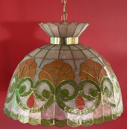 Vintage MCM Natural And Colored Capiz Shell & Brass Hanging Light, 19' Diam. X 14'H