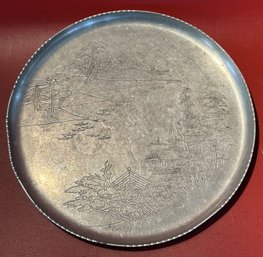 Vintage Japanese Stamped Aluminum Round Serving Tray, 1.5' Diam.