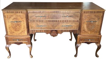 Vintage Art Deco Mahogany & Burl 2-Tone, 2-Door, 4-Drawer Server Queen Ann Legs With Carved Shell Knees