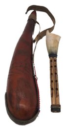 2 Vintage African Etched Animal Themed Water Gourd, 5.75' Diam. X 24'L, & Flute Type Instrument With Bone Horn