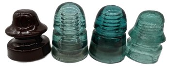 4 Pcs Vintage Telephone Pole Insulators, 3-Aqua Glass & 1-Brown Ceramic