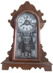 Antique THEO Welch, Spring & Company 1-Day Gingerbread Kitchen Clock With Timer, Pendulum & Key Present