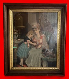 1873 Antique Lithograph Of Mother Daughter And Cat In Walnut Frame With Bold Boarders, 17.25' X 20.25'H