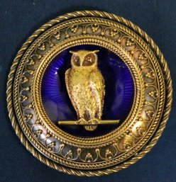 Beautiful Antique Victorian Gold Pin With Owl  - With Good Luck 4 Leaf Clover Under Plastic
